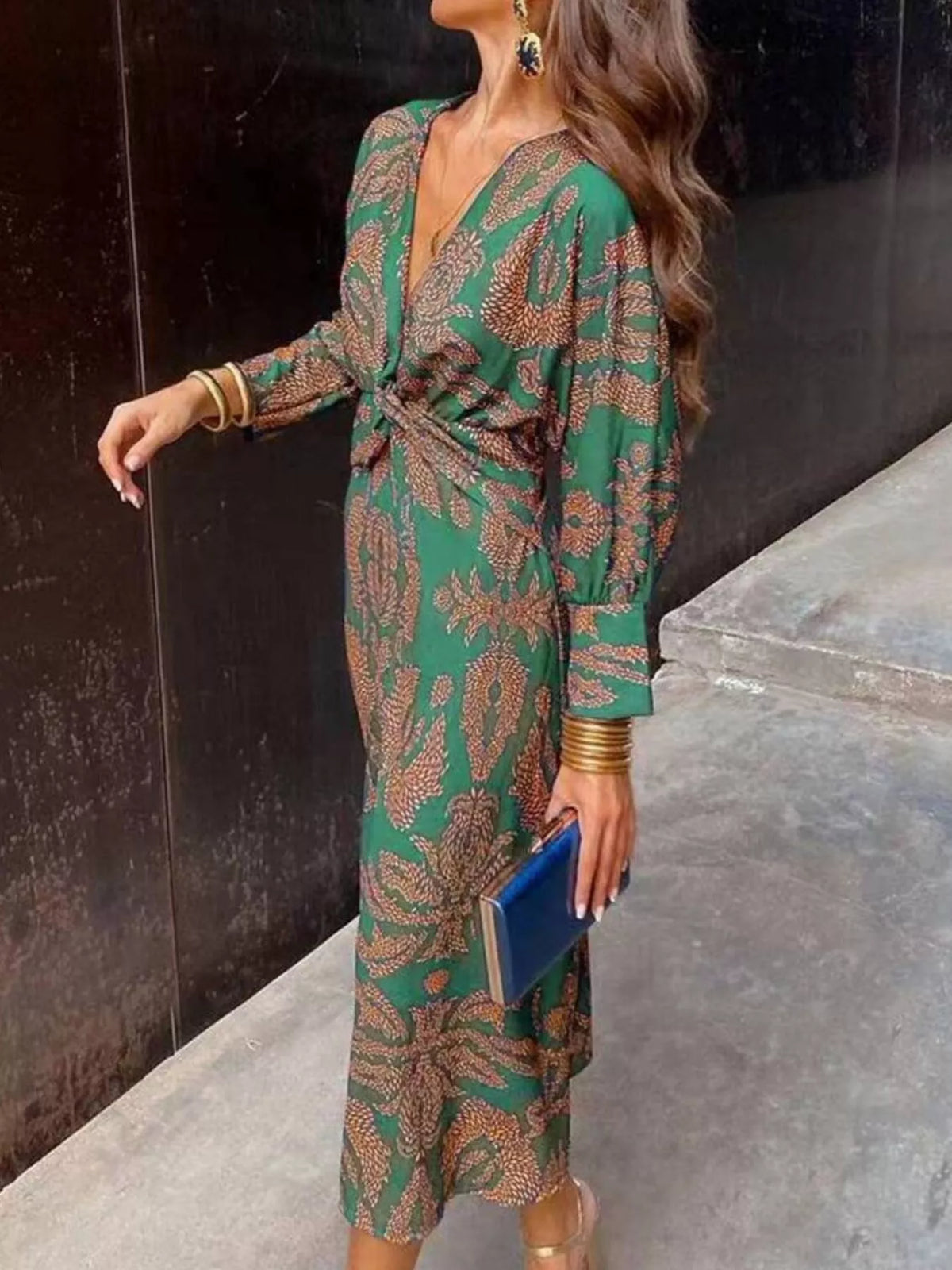 Full Size Printed V-Neck Long Sleeve Twisted Midi Dress Plus Size - Dark Green - View 3
