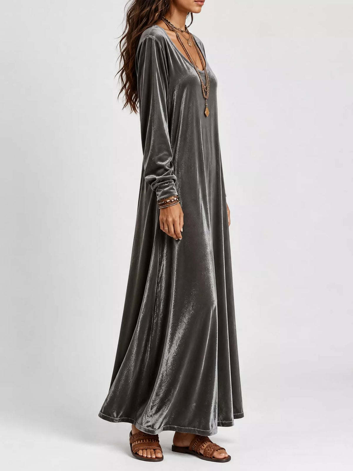 Velvet Long-Sleeve Maxi Dress - Gray - View 12