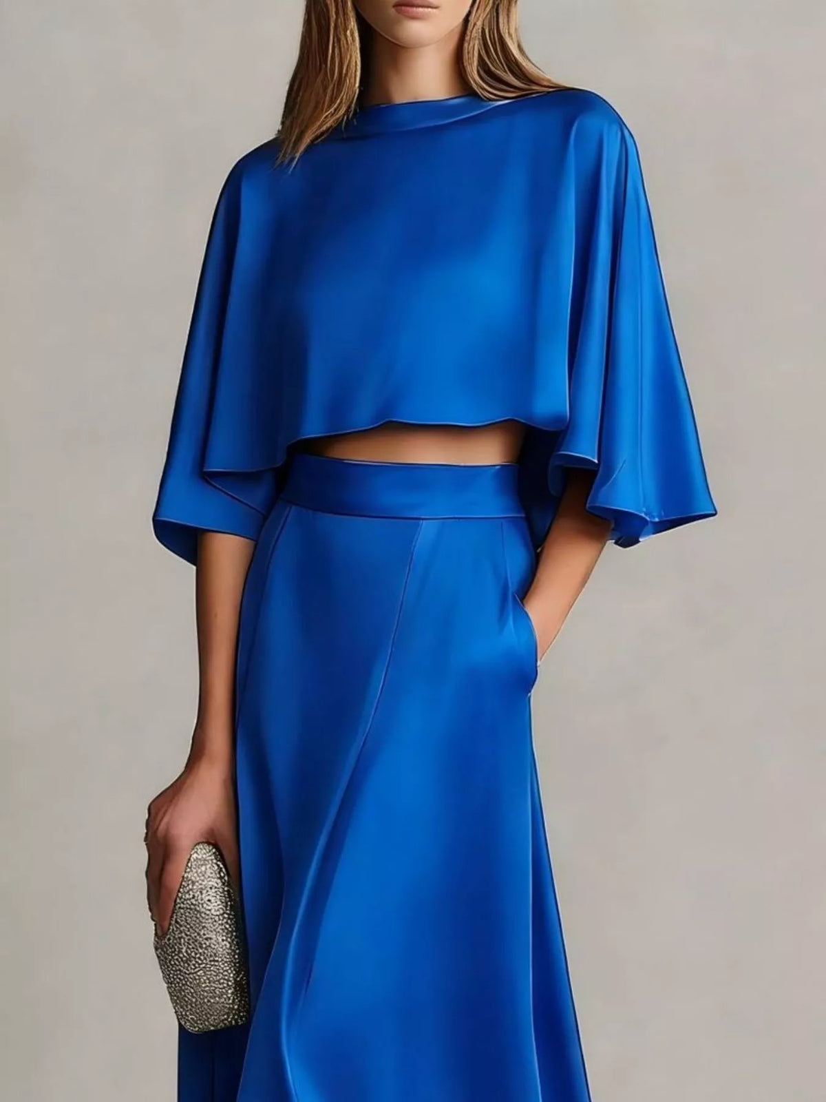 Full Size Satin Crop Top and Maxi Skirt Two-Piece Set Plus Size - Blue - View 2