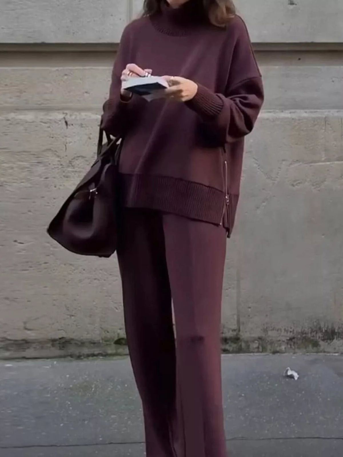 Dropped Shoulder Sweatshirt and Wide-Leg Pants Set - Burgundy - View 2