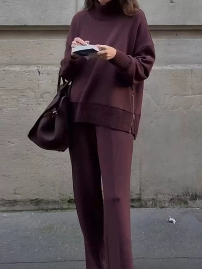Dropped Shoulder Sweatshirt and Wide-Leg Pants Set - Burgundy - View 2