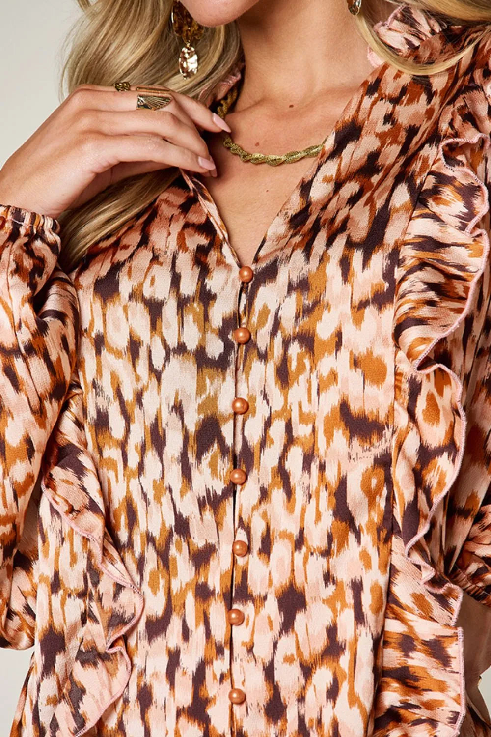 Double Take Full Size Printed Ruffle Trim Balloon Sleeve Shirt Plus Size - Caramel - View 6