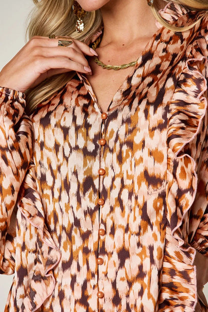 Double Take Full Size Printed Ruffle Trim Balloon Sleeve Shirt Plus Size - Caramel - View 6