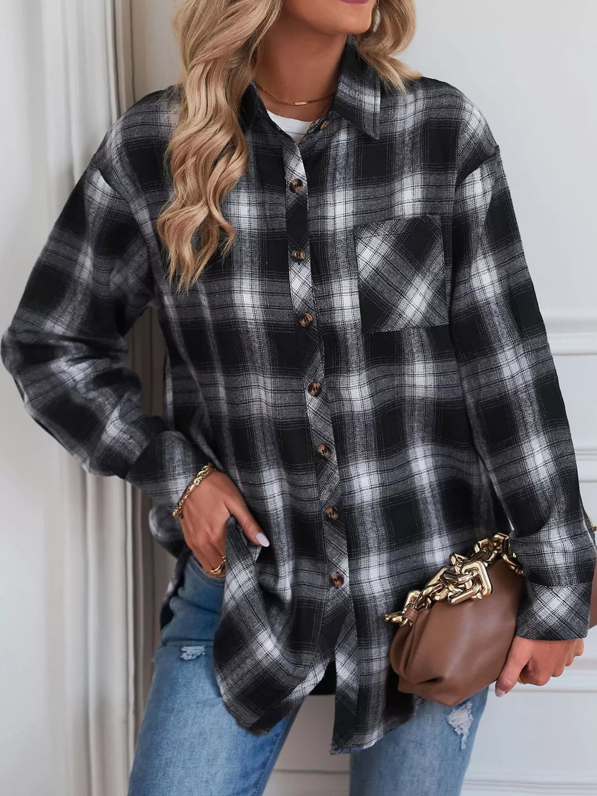 Plaid Button-Down Oversized Shirt - Black - View 3