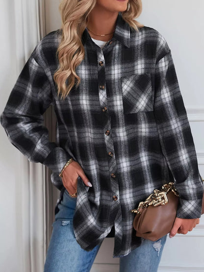 Plaid Button-Down Oversized Shirt - Black - View 3