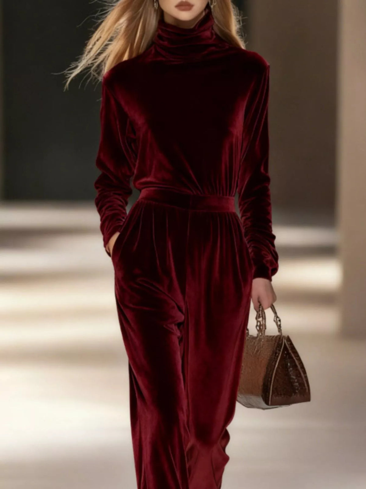 Full Size Velvet Turtleneck Long Sleeve Top and Wide-Leg Pants Set Plus Size - Wine Red - View 1