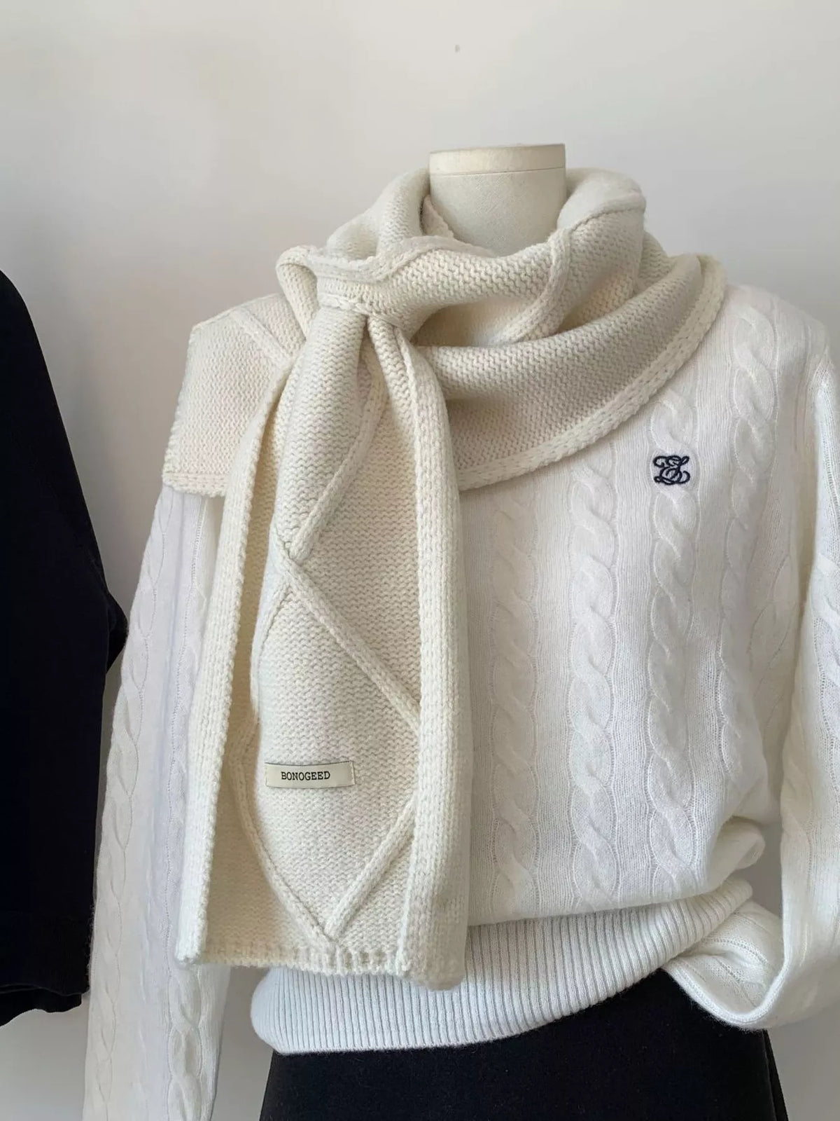 Solid Color Knitted Winter Scarf - Ivory - View 3