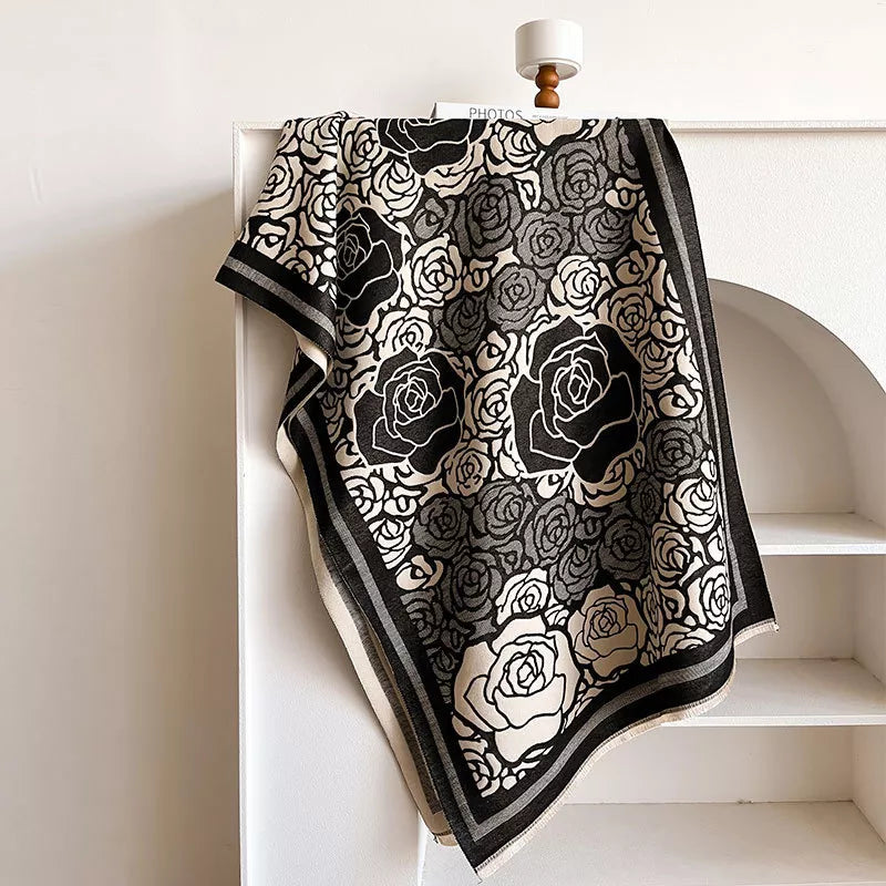 Rose Pattern Raw Hem Scarf - Black - View 3