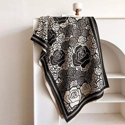 Rose Pattern Raw Hem Scarf - Black - View 3