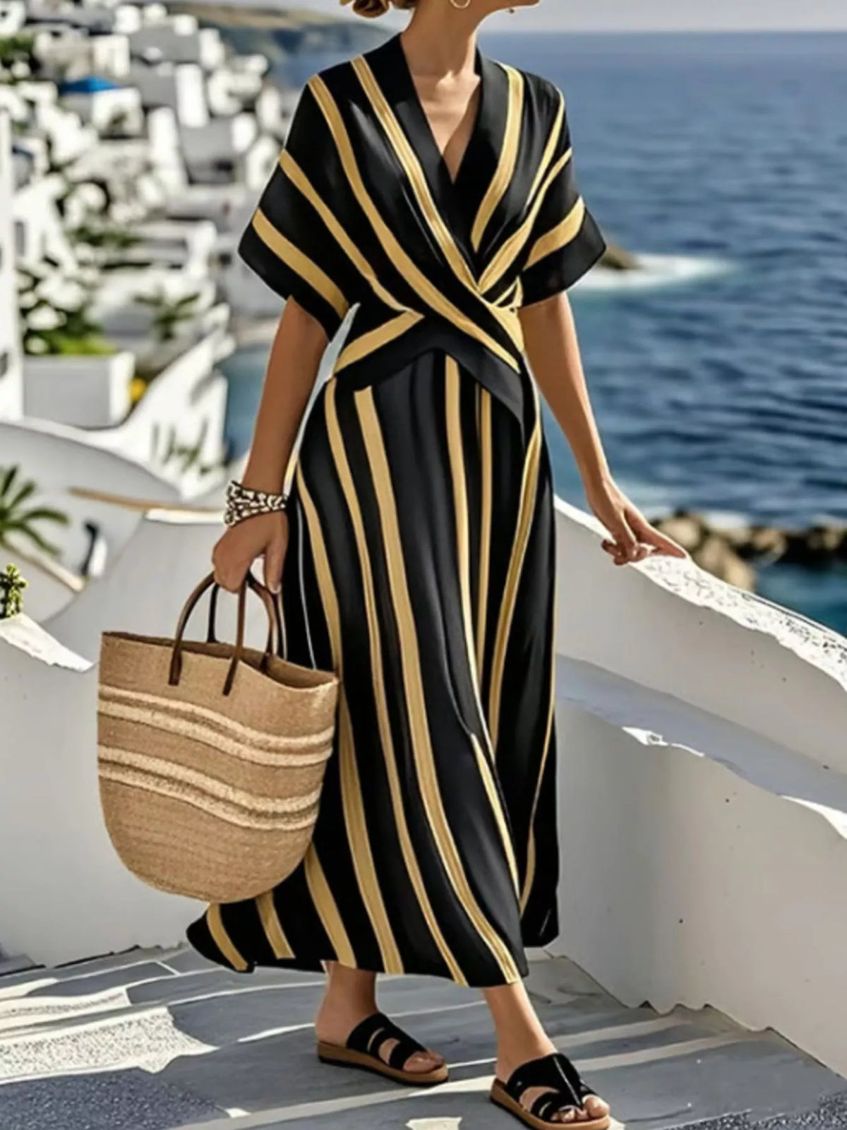 Full Size Striped Surplice Half Sleeve Midi Dress Plus Size - Black - View 1