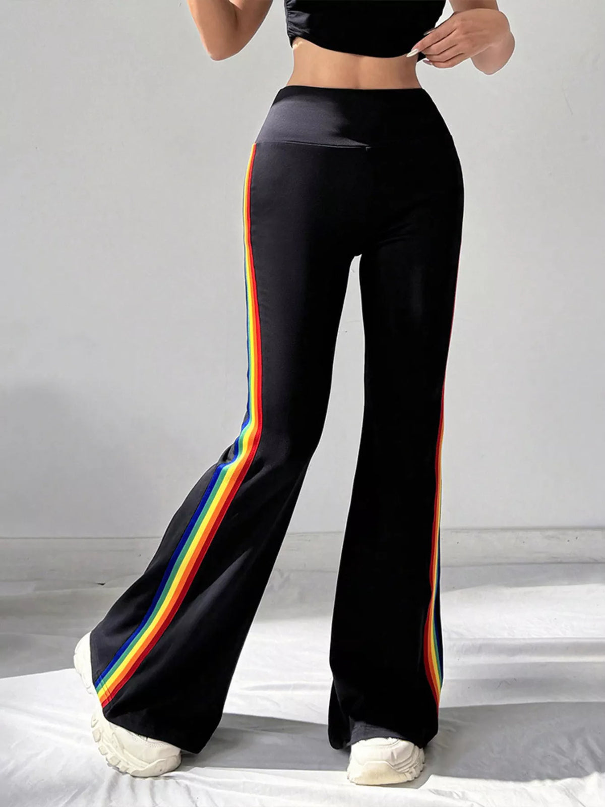High-Waisted Side-Striped Flare Active Pants - Black and Color Strips - View 2