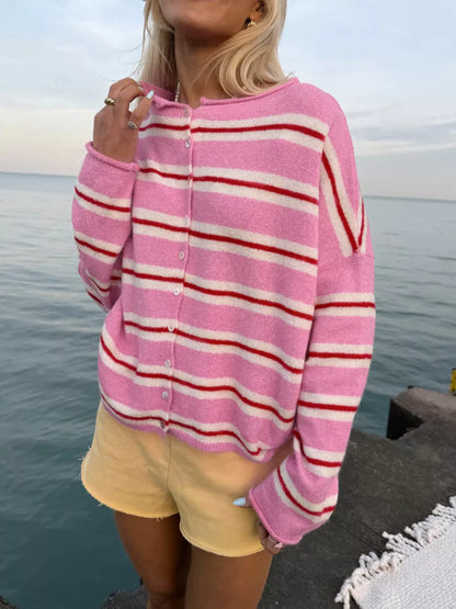 Striped Button-Down Knit Cardigan - Fuchsia Pink - View 3
