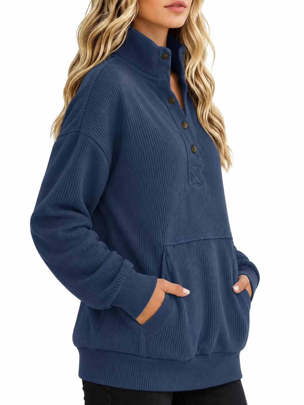 Full Size Quarter-Snap Sweatshirt with Kangaroo Pocket Plus Size - Navy Blue - View 18