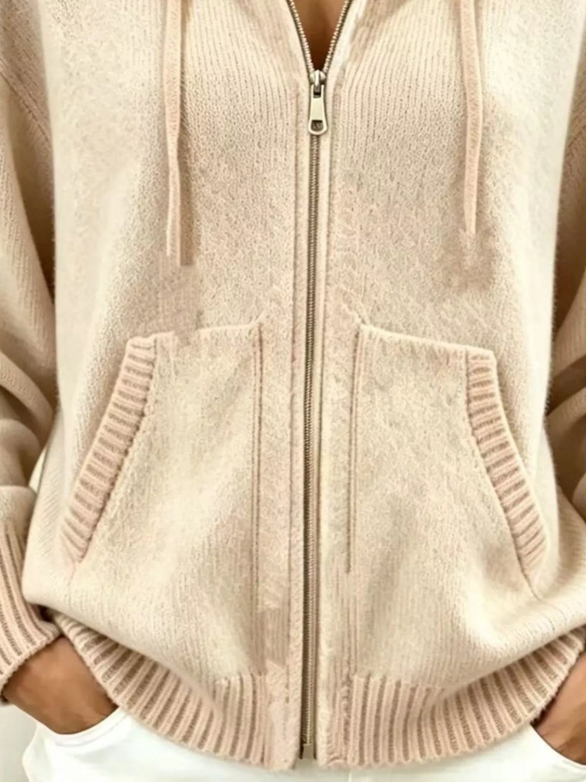 Zip-Up Hooded Knit Cardigan - Beige - View 2