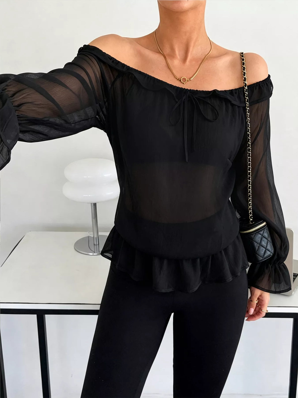 Off-Shoulder Flounce Sleeve Chiffon Blouse - Black - View 4