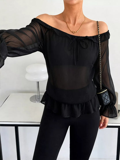 Off-Shoulder Flounce Sleeve Chiffon Blouse - Black - View 4