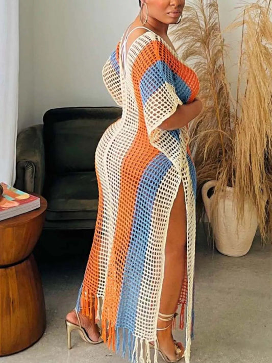 Striped Crochet Cover-Up Dress with Fringe - product photo 2