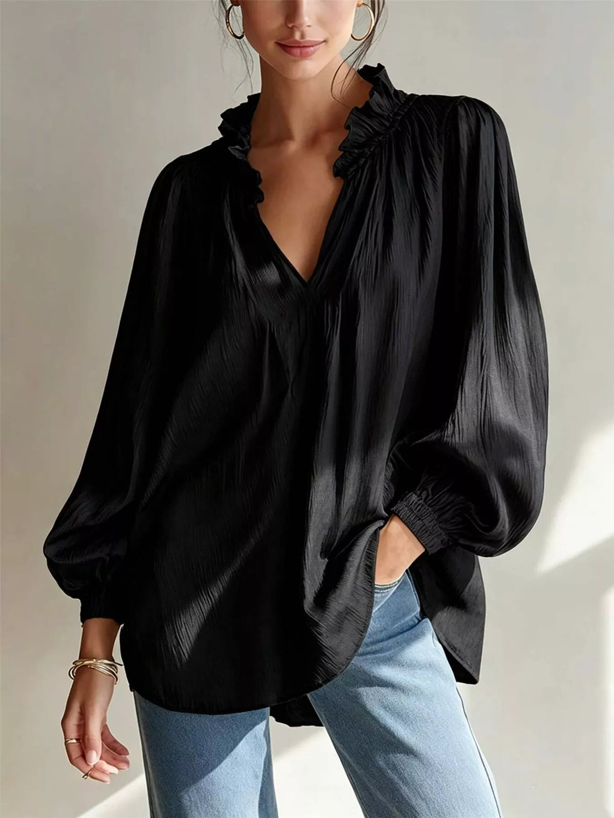 Ruffle Trim Long Sleeves Blouse - Black - View 1