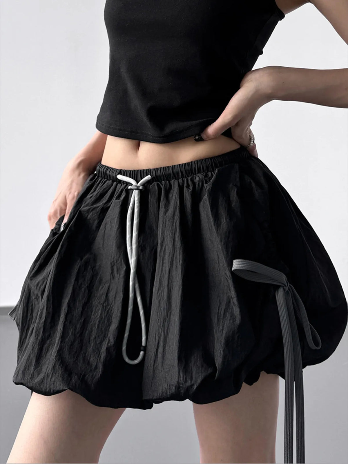 Bubble Drawstring Casual Shorts - Black - View 1