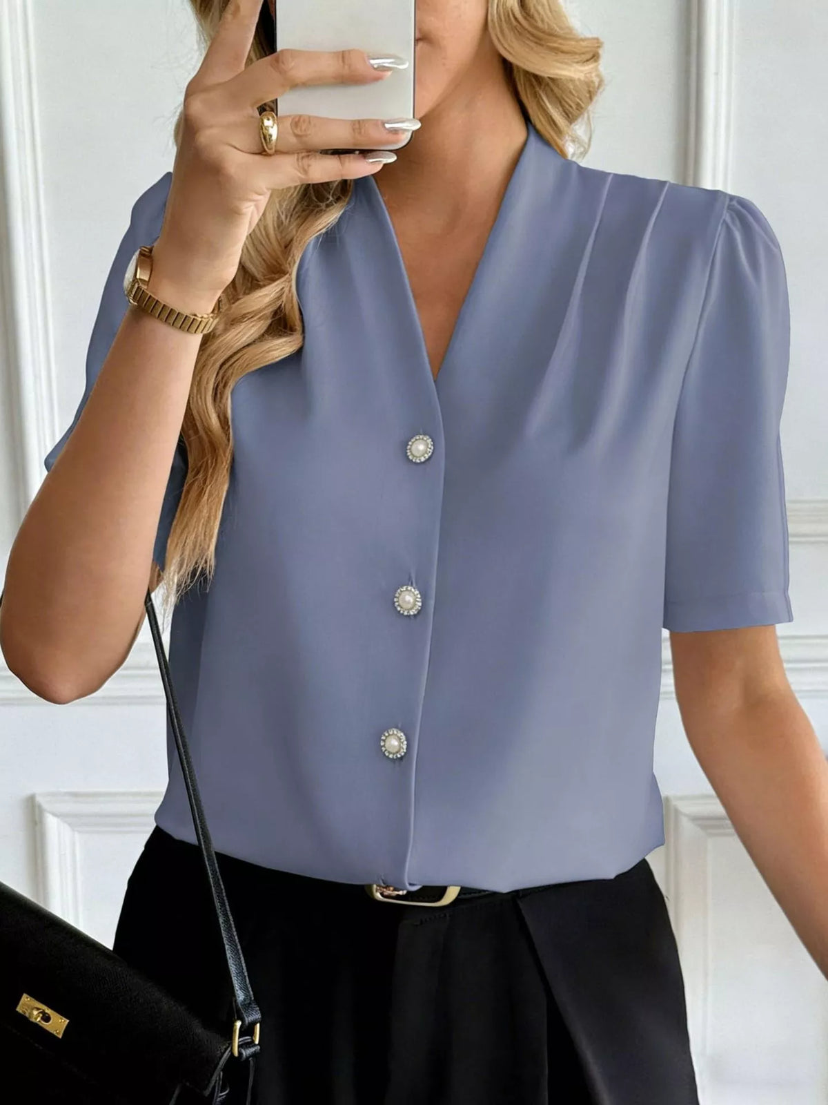 V-Neck Button-Down Shirt - Blue - View 6