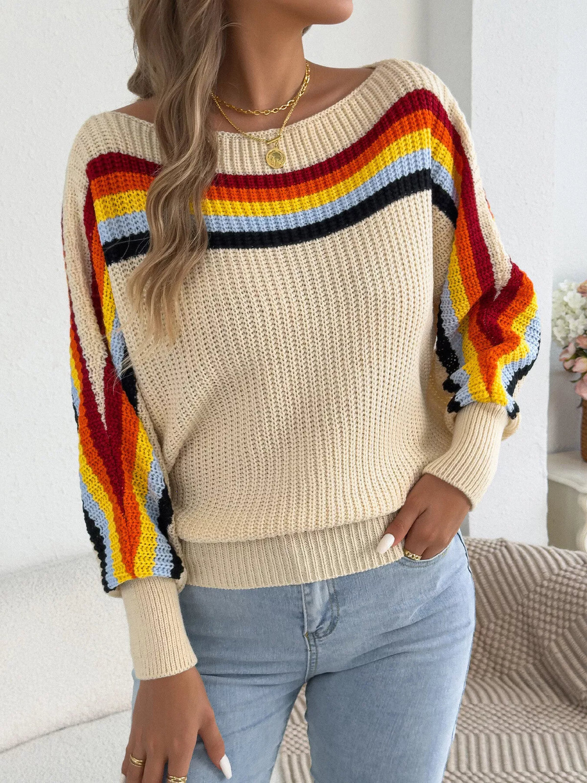 Striped Knit Boat Neck Sweater - Beige - View 1