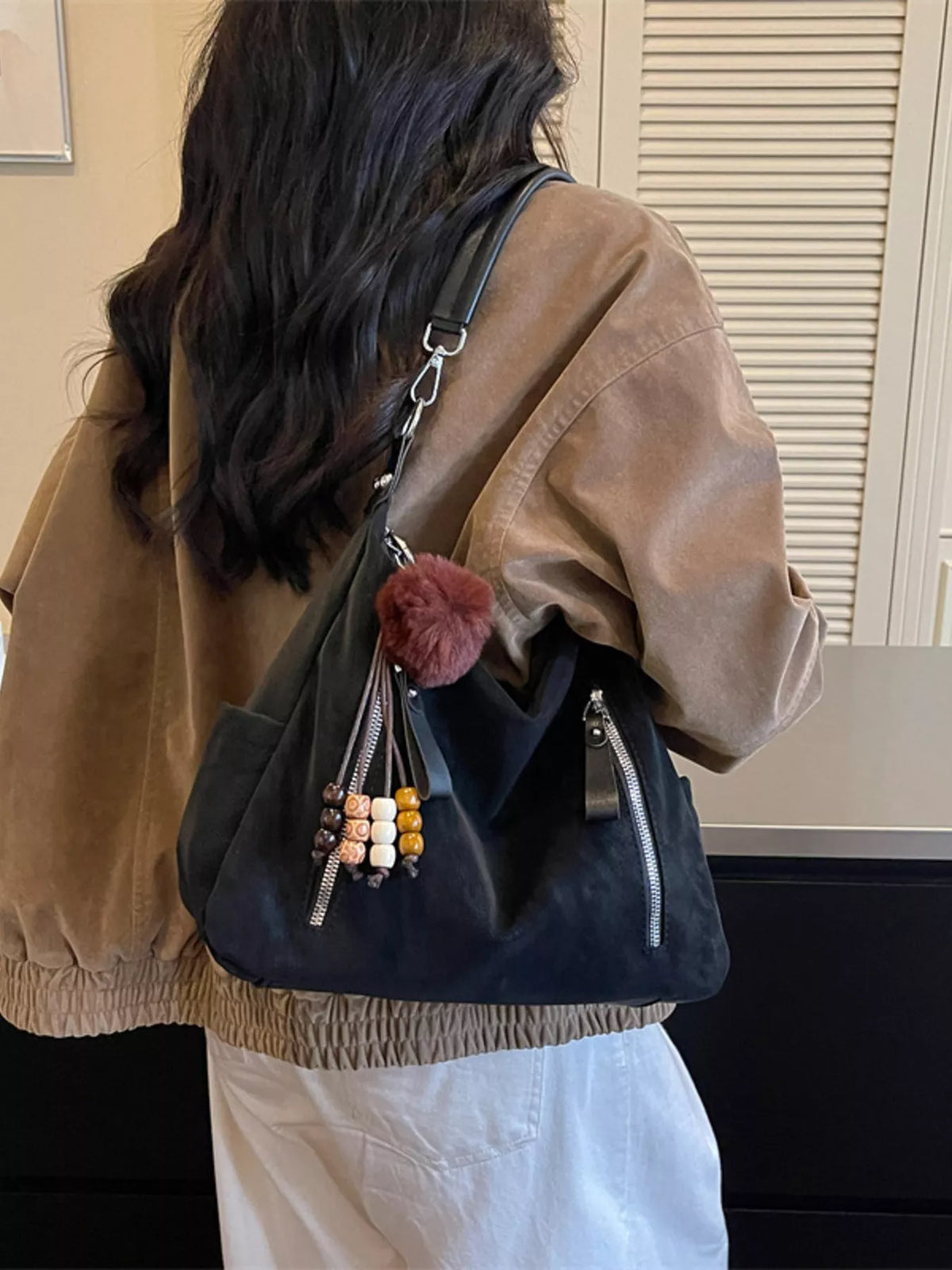 Decorative Pom-Pom and Bead Charm Shoulder Bag - Black - View 3