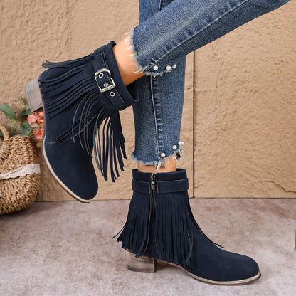 Fringe Ankle Boots with Buckle Detail - Blue - View 4