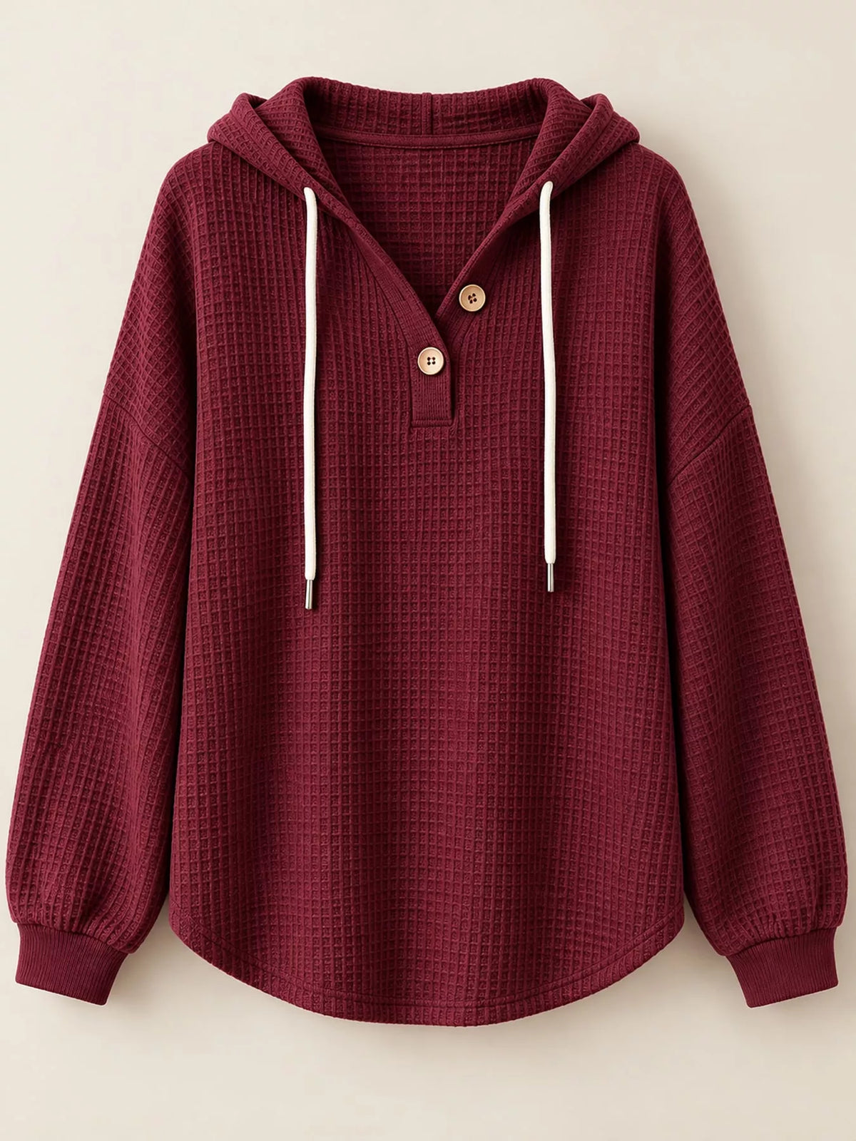 Full Size Waffle Knit Button Detail Hoodie Plus Size - Wine Red - View 28