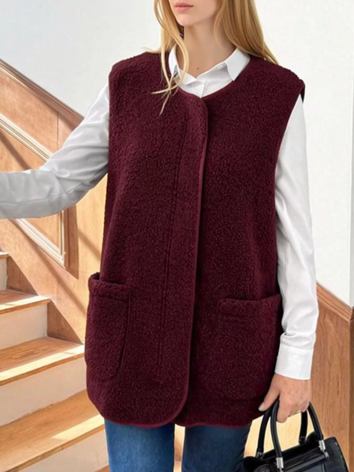 Sherpa Sleeveless Vest Coat - Burgundy - View 11