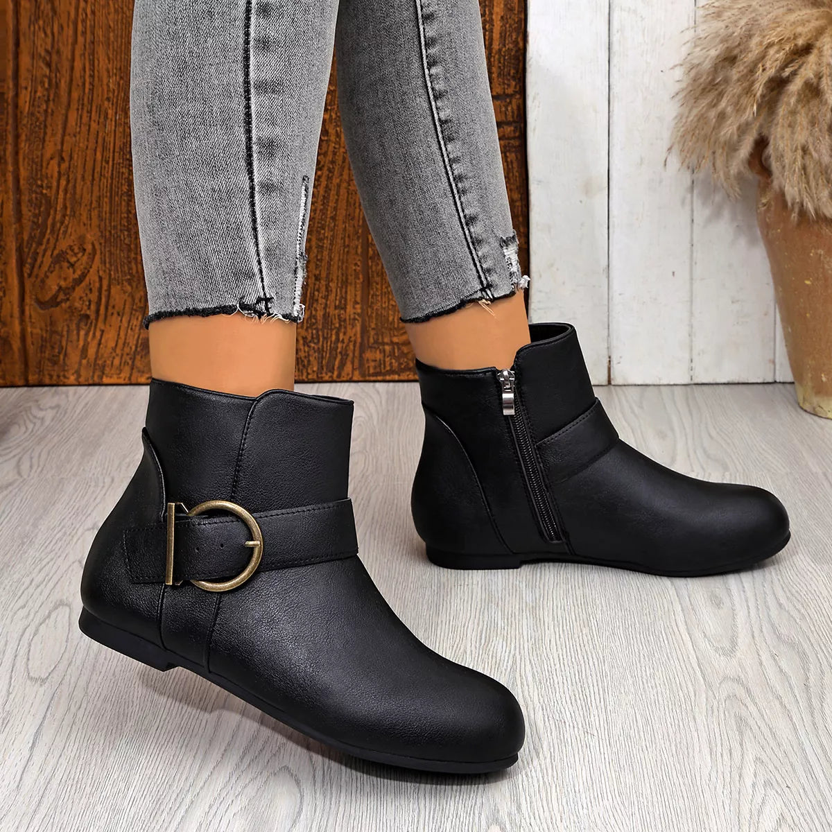 Round Toe Ankle Boots - Black - View 4