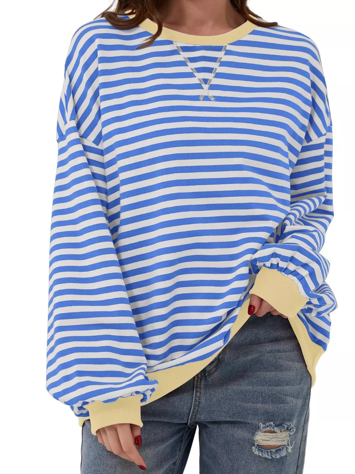 Striped Contrast Trim Oversized Sweatshirt - Light Blue - View 1