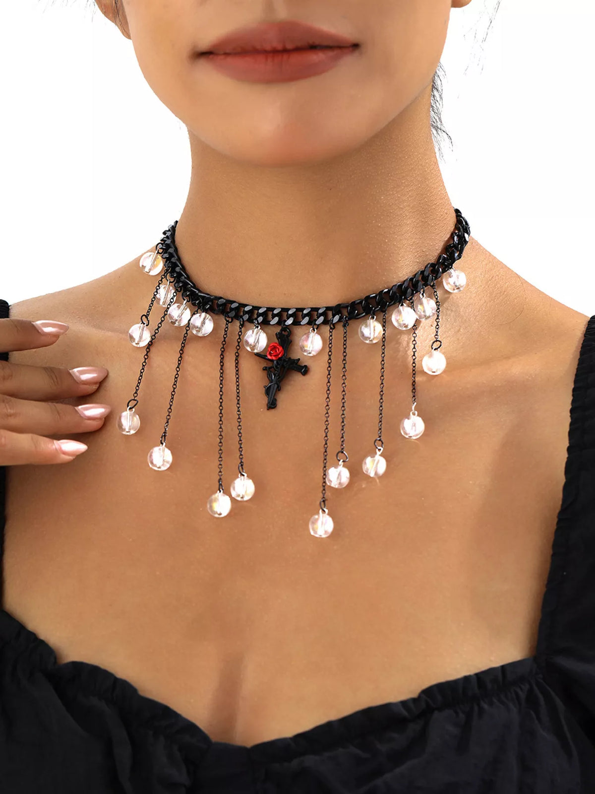 Gothic Rose Cross Dangle Necklace - Black - View 1