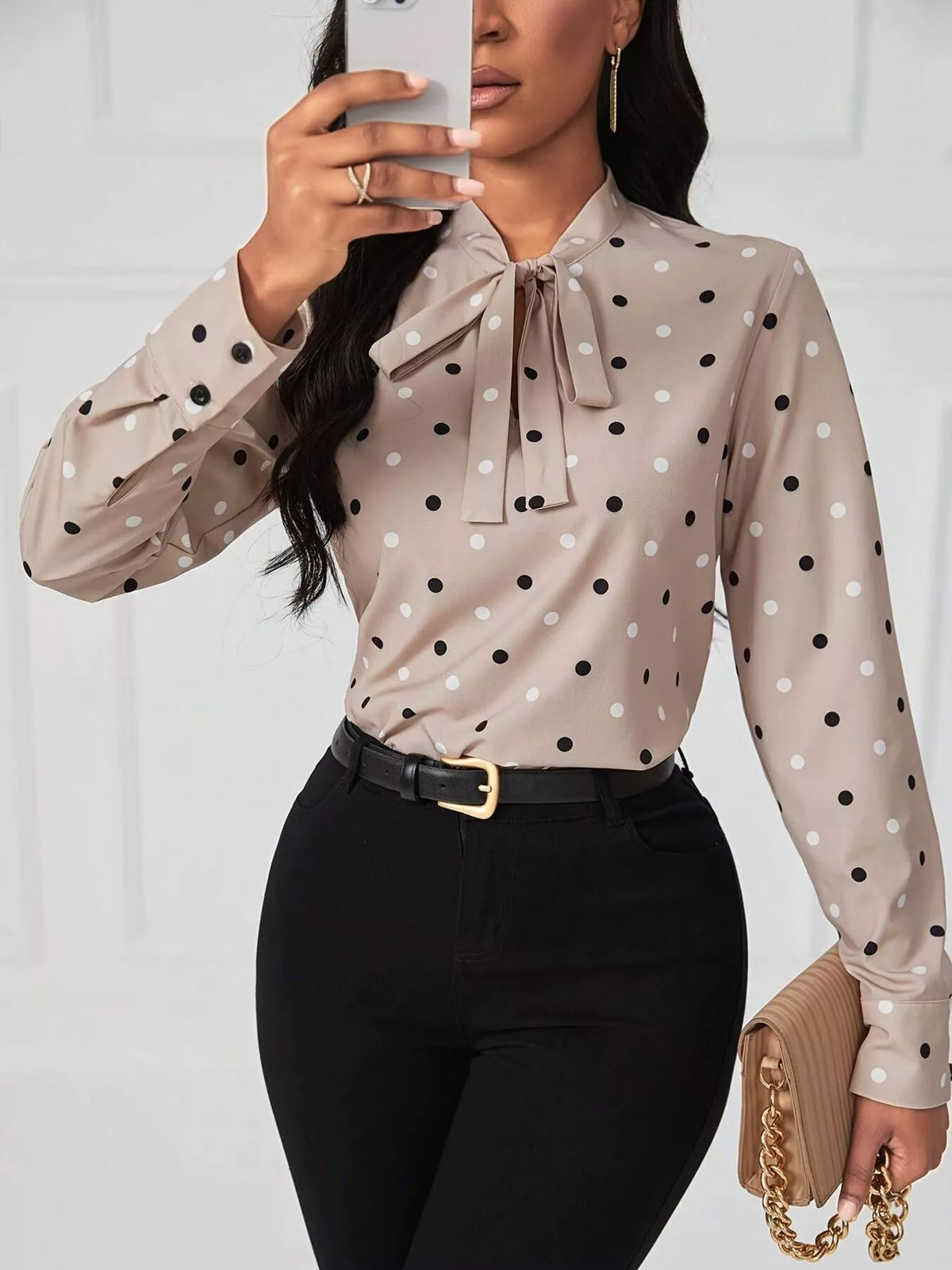 Polka Dot Tie Neck Blouse - Dust Storm - View 2