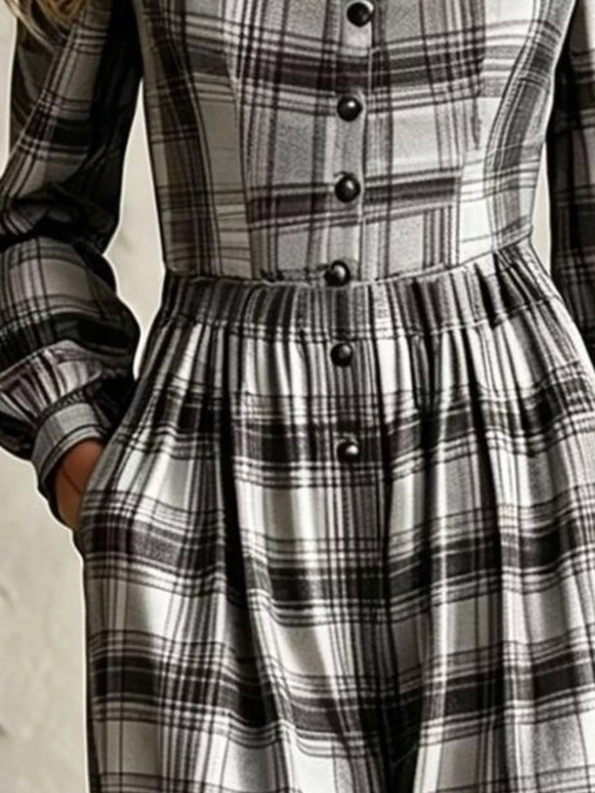 Plaid Square Neck Long Sleeve Wide Leg Jumpsuit - Black - View 2