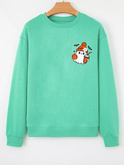 Halloween Ghost Embroidered Casual Sweatshirt - Turquoise - View 2
