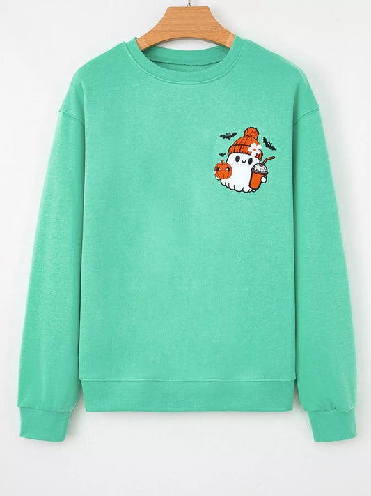 Halloween Ghost Embroidered Casual Sweatshirt - Turquoise - View 2