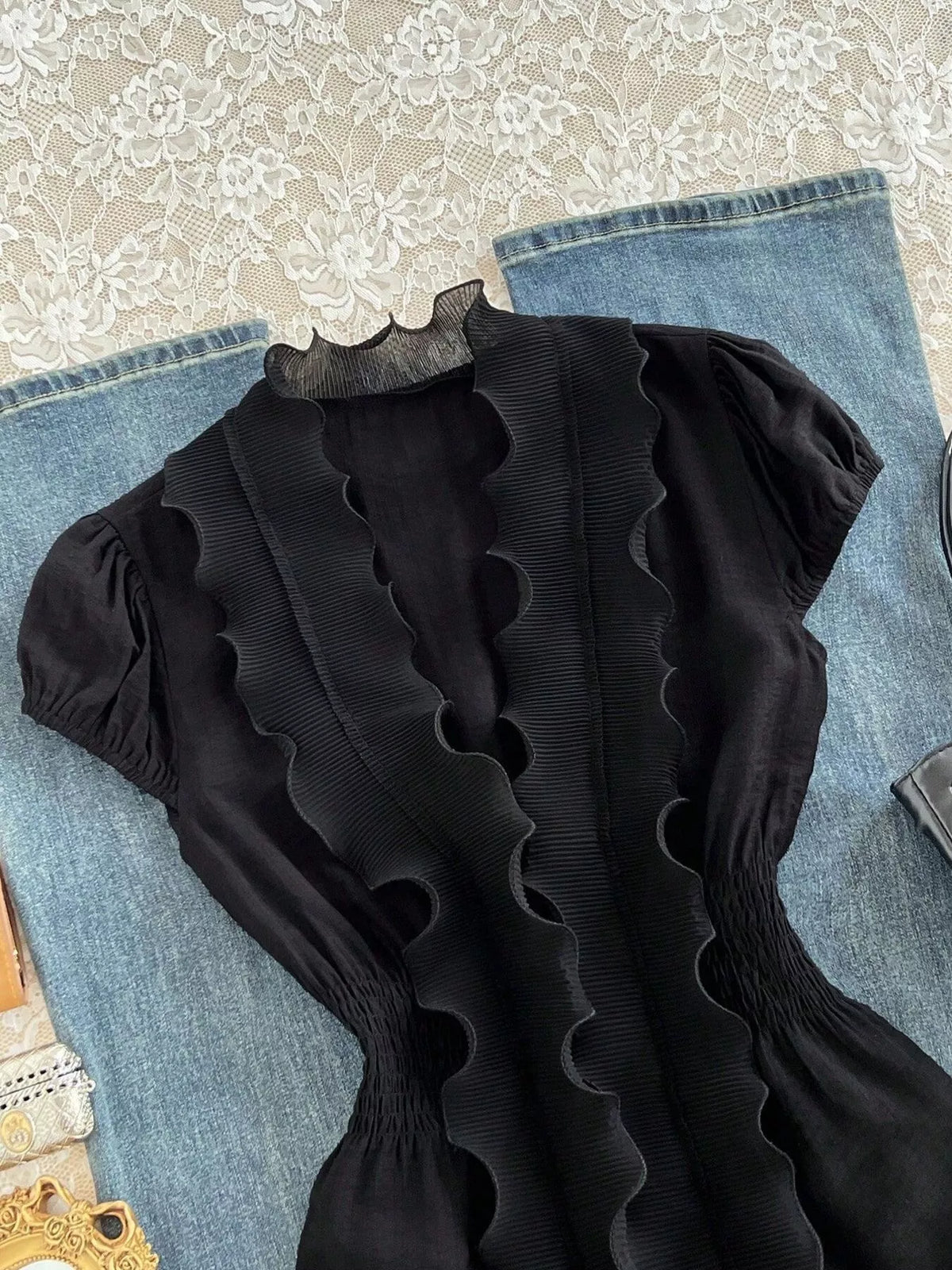 Ruffled V-Neck Blouse with Smocked Waist - Black - View 2
