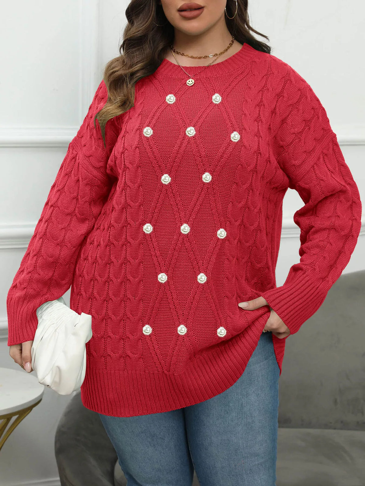 Plus Size Cable Knit Dropped Shoulder Sweater - All Colors - View 1