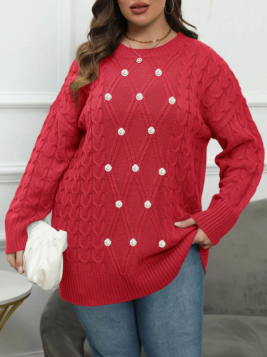 Plus Size Cable Knit Dropped Shoulder Sweater - All Colors - View 1