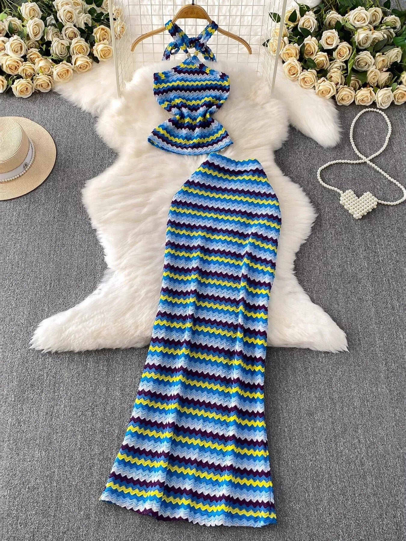 Striped Knitted Halter Top and Maxi Skirt Set - Cerulean - Full Set Flat Lay View