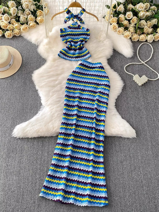Striped Knitted Halter Top and Maxi Skirt Set - Cerulean - Full Set Flat Lay View