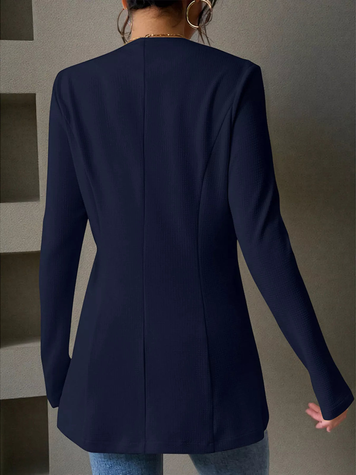 One Button Long Sleeve Blazer - Dark Navy - View 10