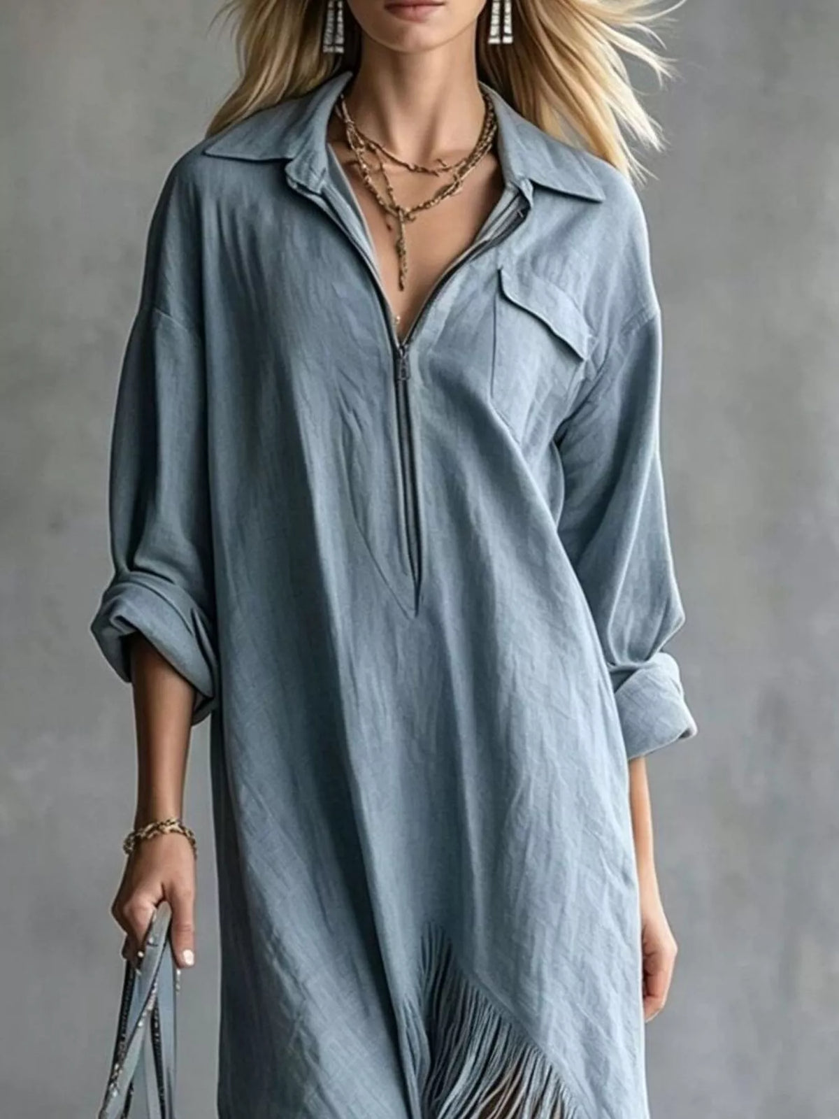 Zipper-Front Fringe Hem Midi Dress - Dusty Blue - View 2