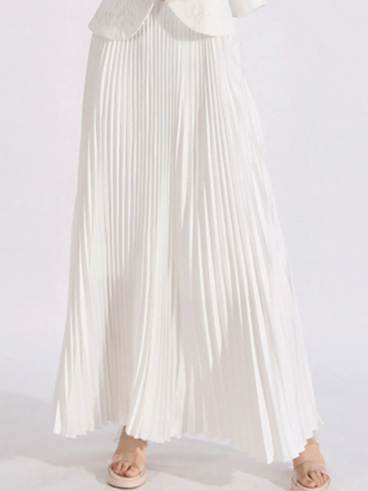 Button Up Long Sleeve Top and Pleated Skirt Set - White - View 11