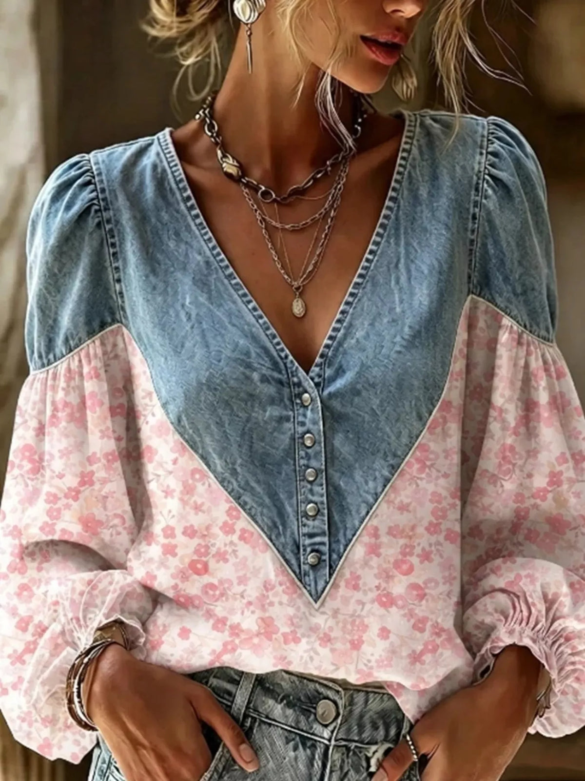 Full Size Denim Patchwork Floral Denim Top Plus Size - Pink - View 1