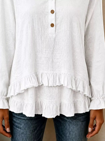 V-Neck Long Sleeve Button Detail Ruffled Hem Blouse - White - View 3