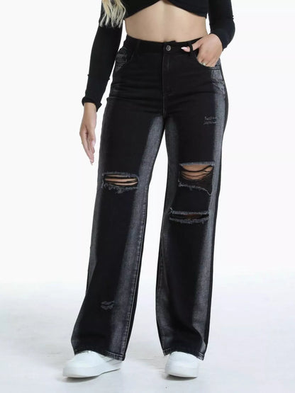 Distressed Wide-Leg Jeans - Black - View 1