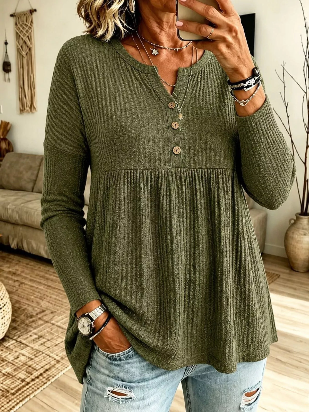 Button Detail Knitted Casual Top - Army Green - View 1