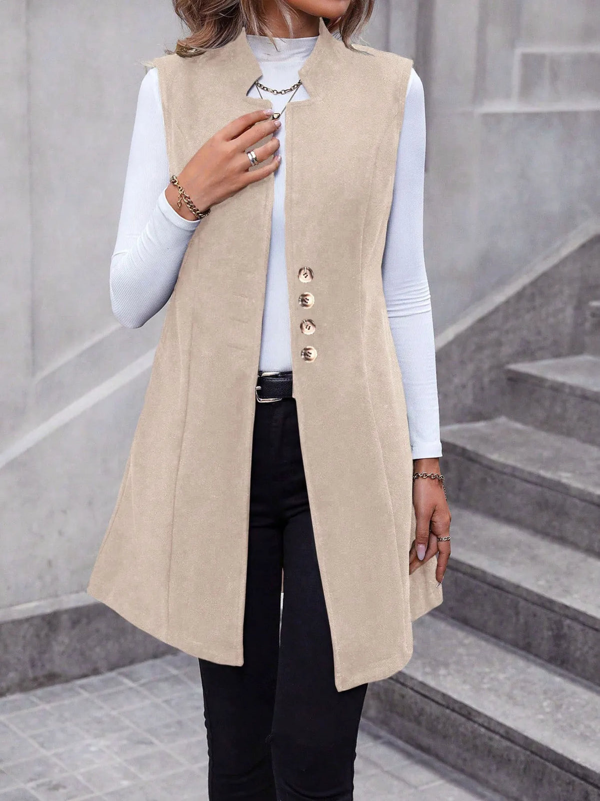 Button Up Longline Vest Coat - Apricot - View 3