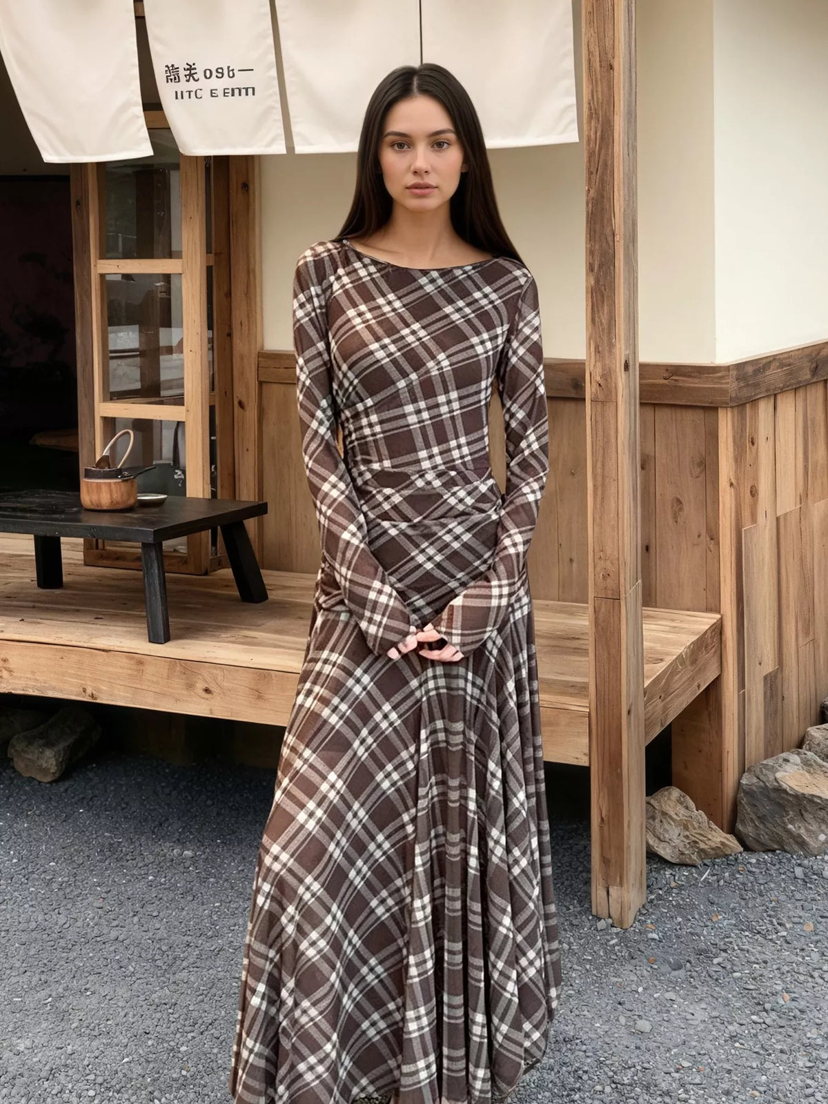 Plaid Long-Sleeve Slim-Fit Maxi Dress - Brown - View 2